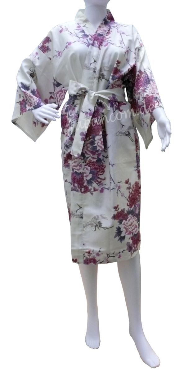 Weißer Happi Kimono aus Baumwollsatin mit Kranichmotiv
