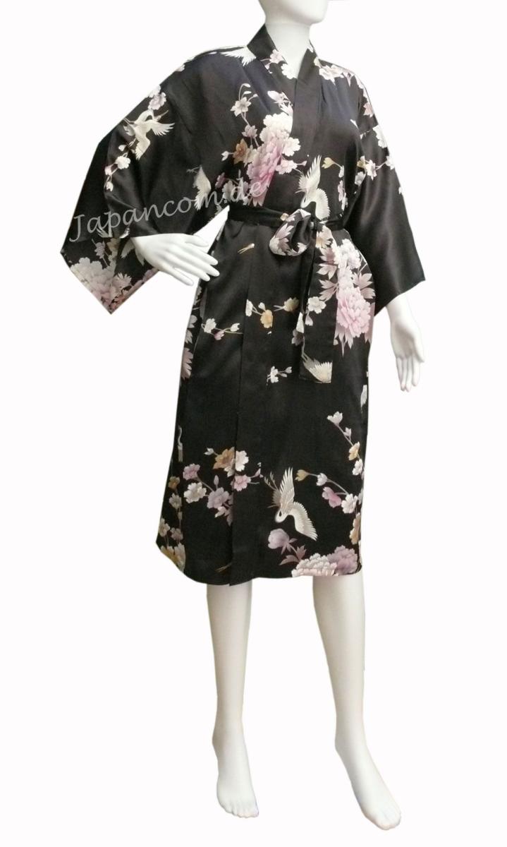 Schwarzer Damen-Seidenkimono aus Maulbeerseide mit Kranichen und Päonien