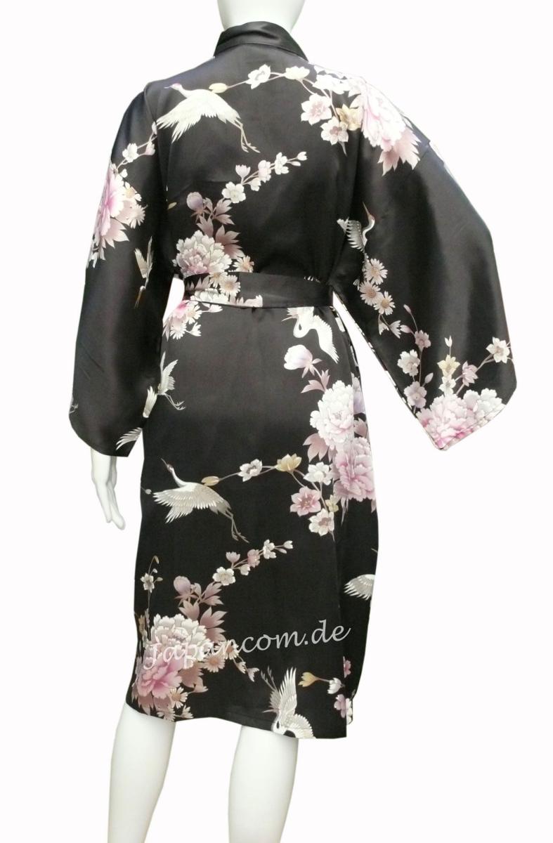 Schwarzer Morgenmantel Seidenkimono Royal Cranes