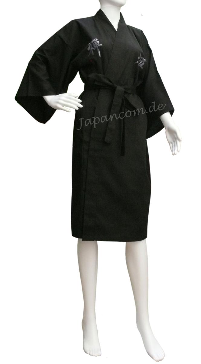Schwarzer Happi Kimono mit aufgestickter Schrift Zen