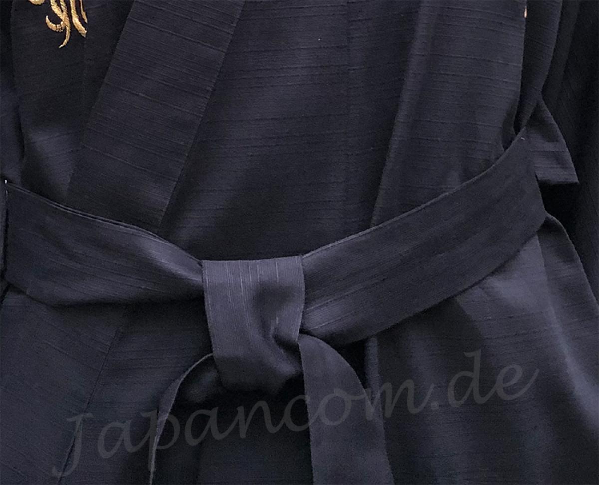 Herren Kimono Hausmantel Goldener Drachen Tsumugi schwarz