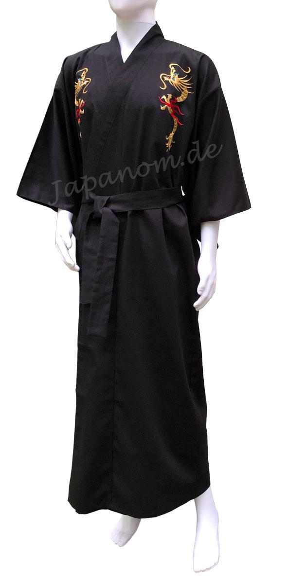 Schwarzer Kimono mit gesticktem goldfarbenem Drachen