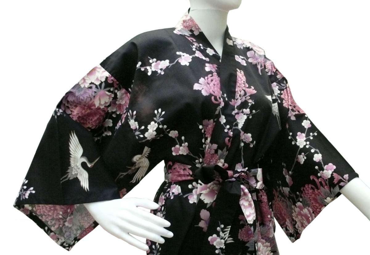 Bademantel Kimono Fliegender Kranich schwarz kurz Baumwollsatin