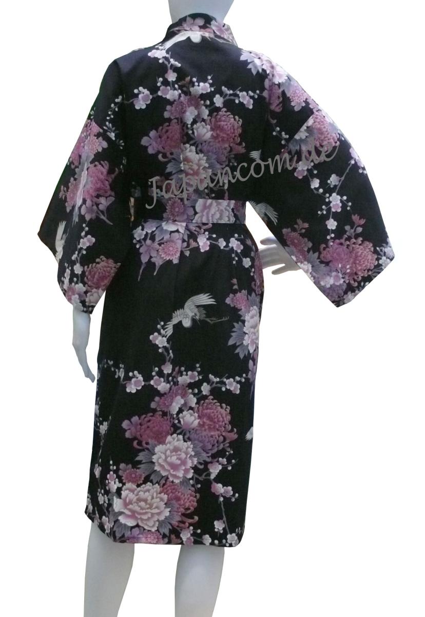 Bademantel Kimono Fliegender Kranich schwarz kurz Baumwollsatin