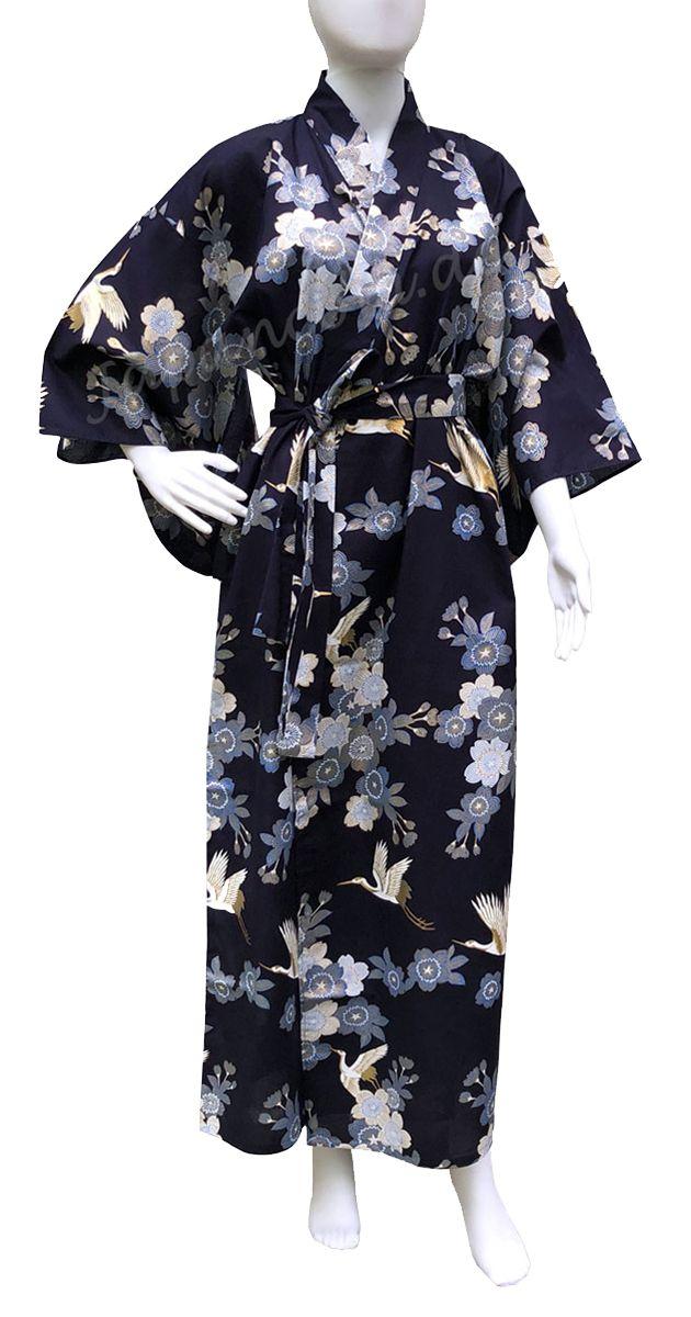 Damen Yukata Kimono Kirschblüten und Kraniche dunkelblau