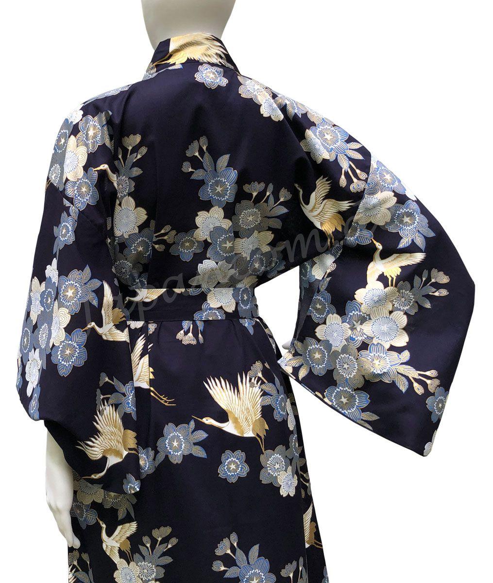 Damen Yukata Kimono Kirschblüten und Kraniche dunkelblau