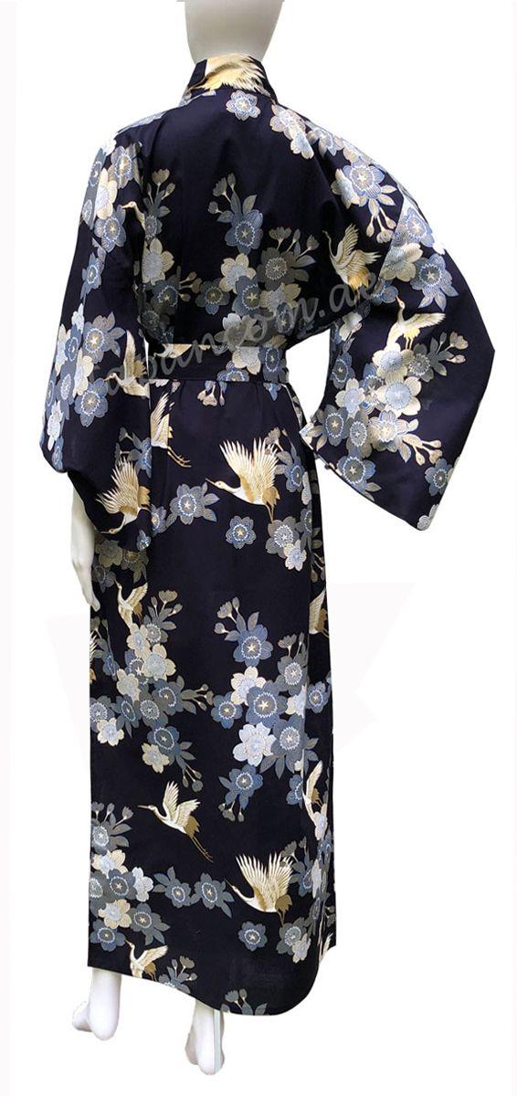 Damen Yukata Kimono Kirschblüten und Kraniche dunkelblau
