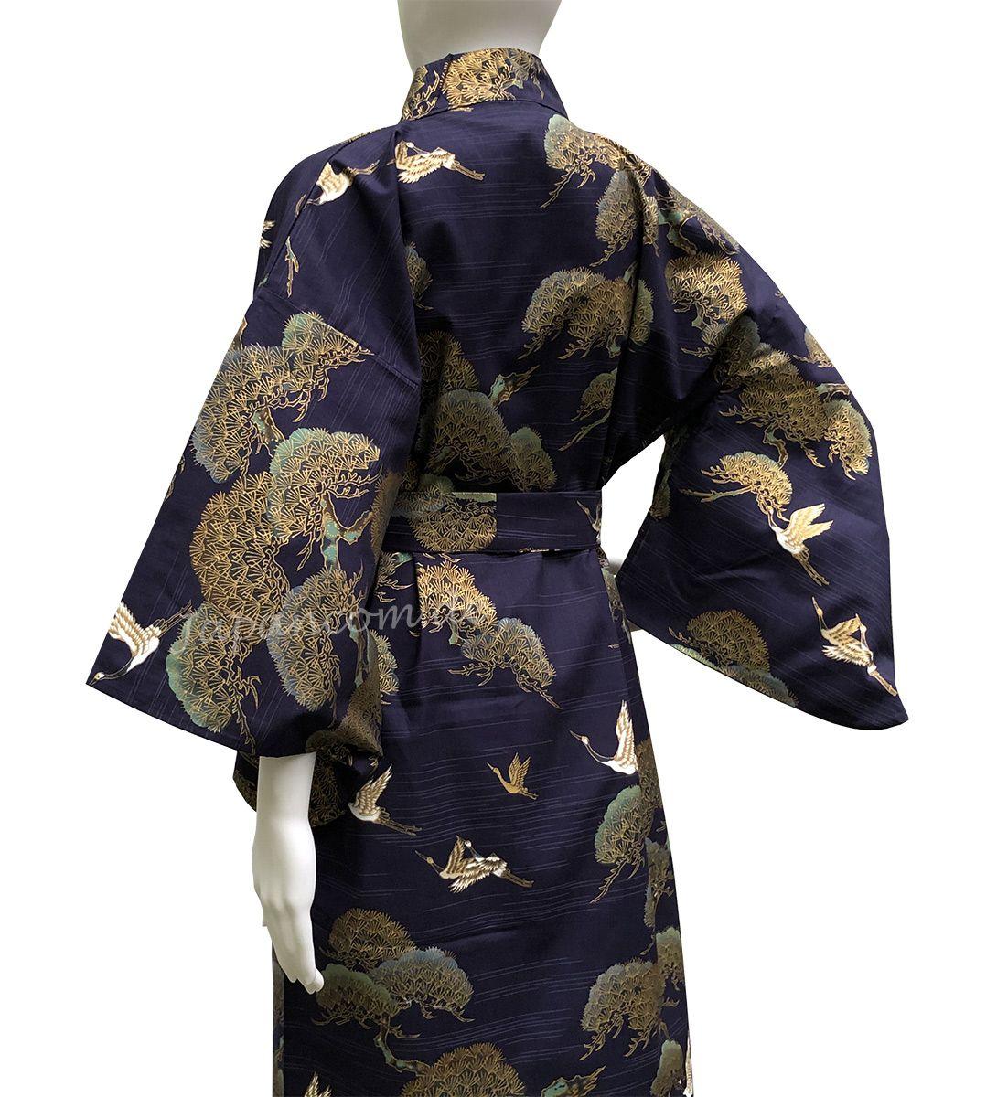 Kimono Kraniche und Kiefern dunkelblau