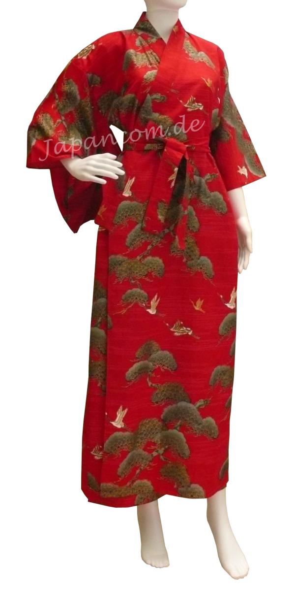 Damen Kimono Kraniche Kiefern rot