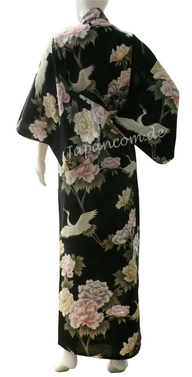 Damen Kimono Royal Cranes schwarz, lang, Baumwolle