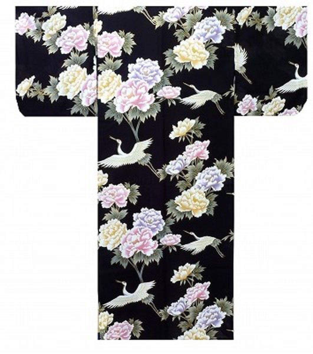 Schwarzer Baumwollkimono mit goldfarbenem Kranich- und Blumenmotiv