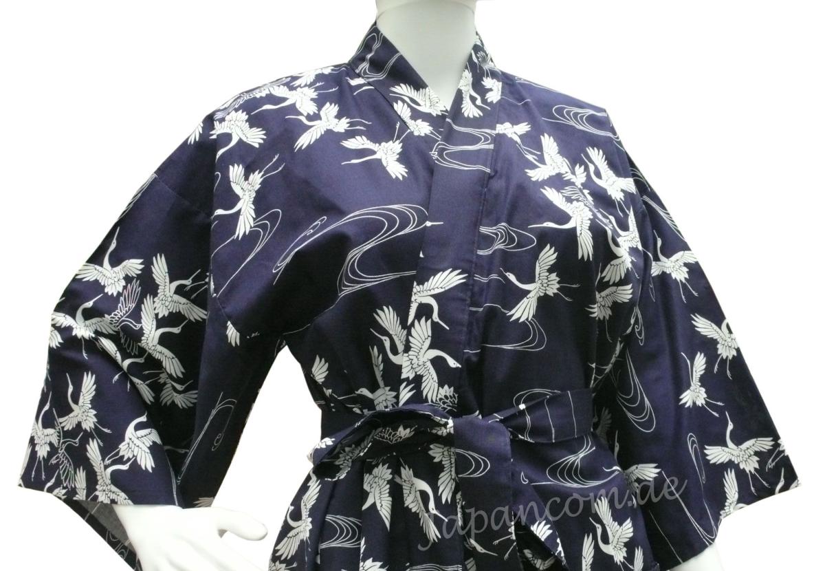Yukata Kimono Schneekraniche blau kurz