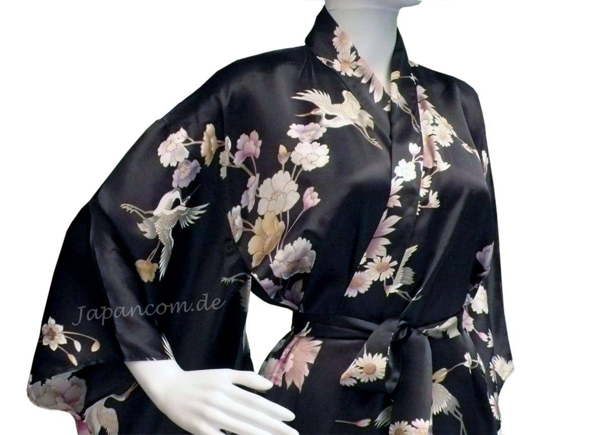 Damen Kimono Seide Royal Cranes schwarz, lang