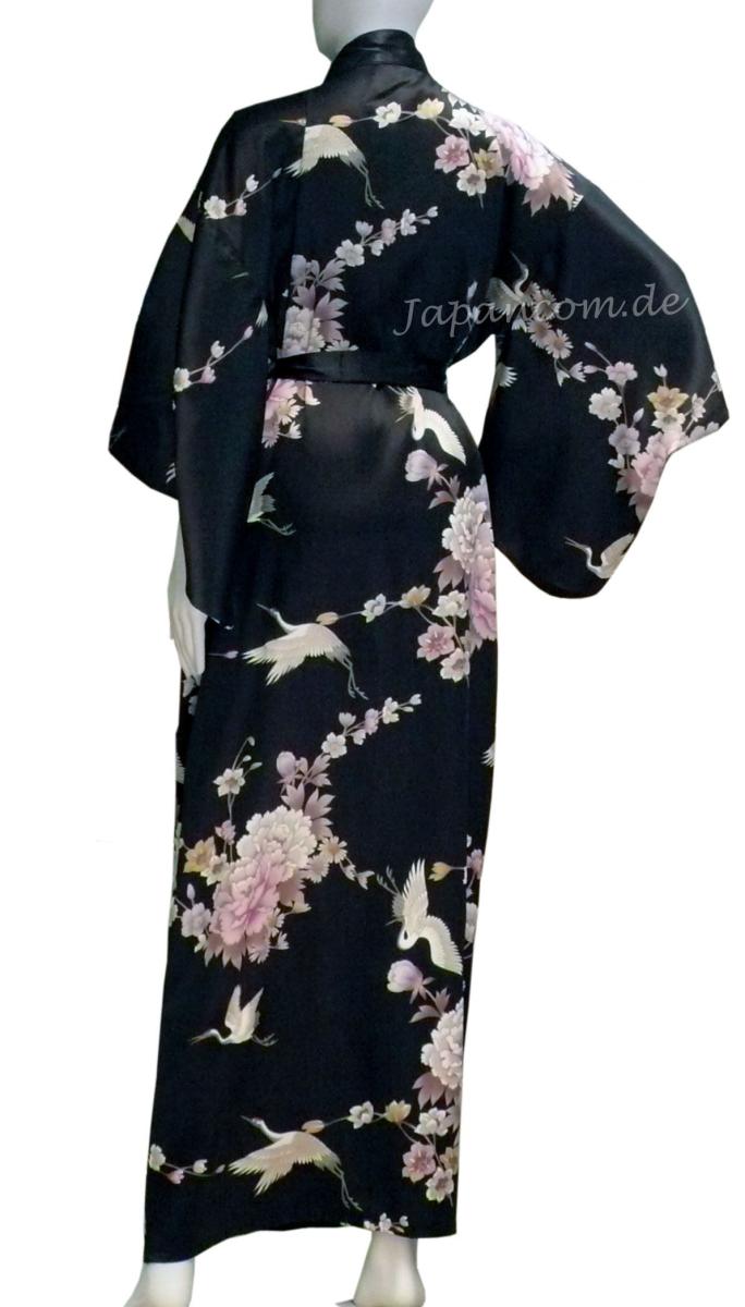 Damen Kimono Seide Royal Cranes schwarz, lang