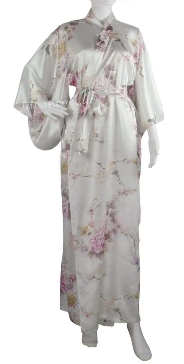 Langer Seidenkimono mit goldenen Kranichen und Pfingstrosen