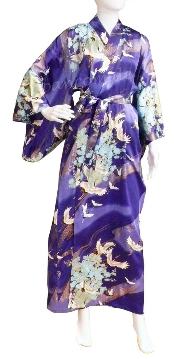 Damen Seiden Kimono Tsuru royalblau, lang