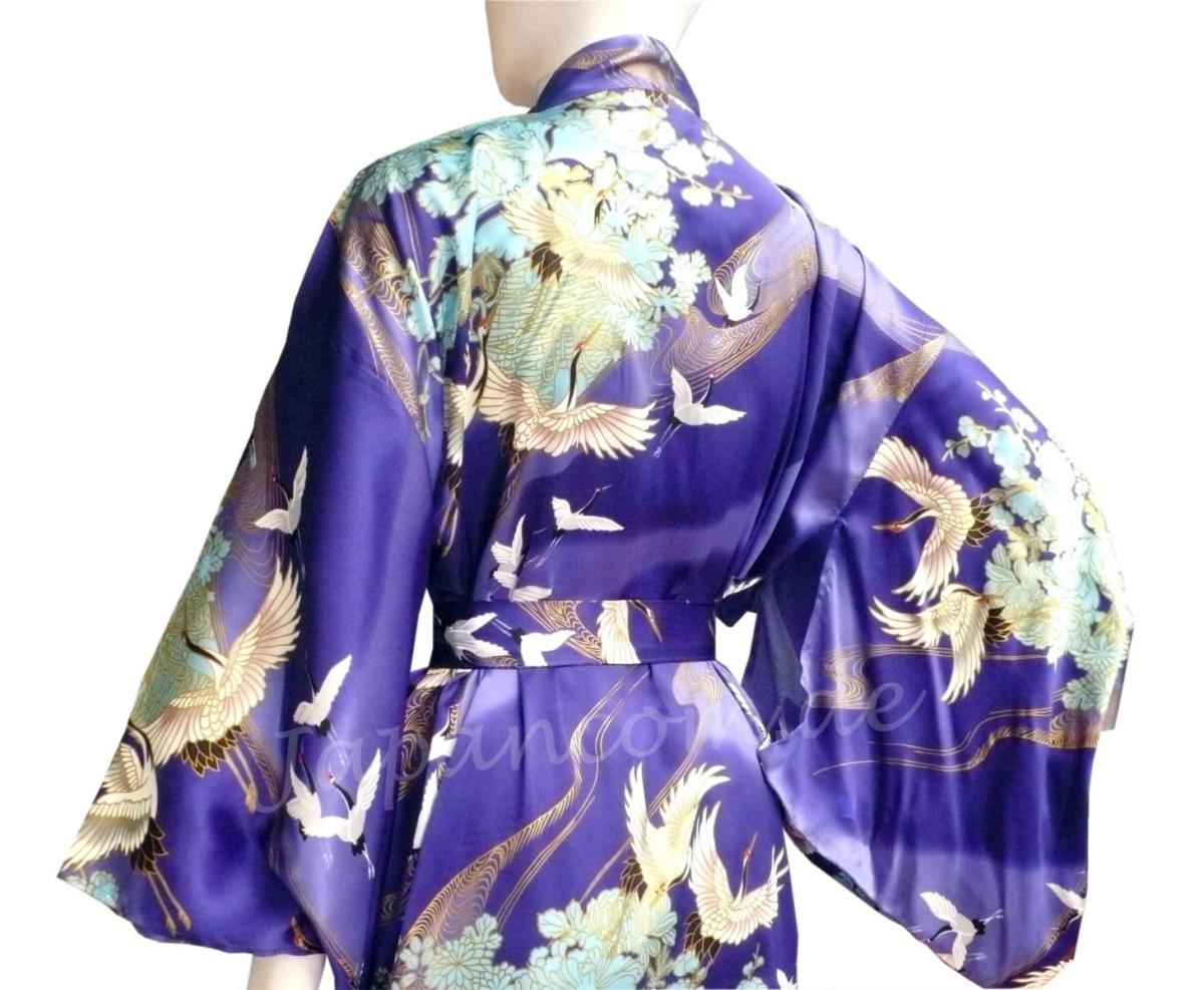 Damen Seiden Kimono Tsuru royalblau, lang