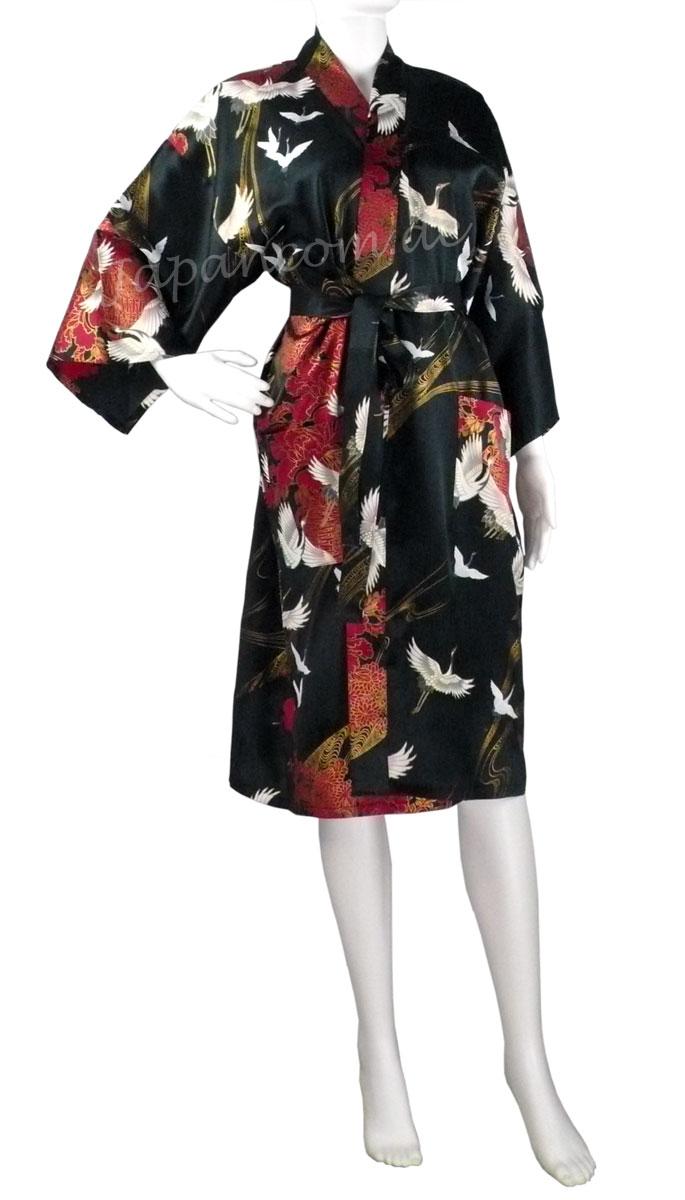 Seidenkimono Morgenmantel Tsuru schwarz, kurz