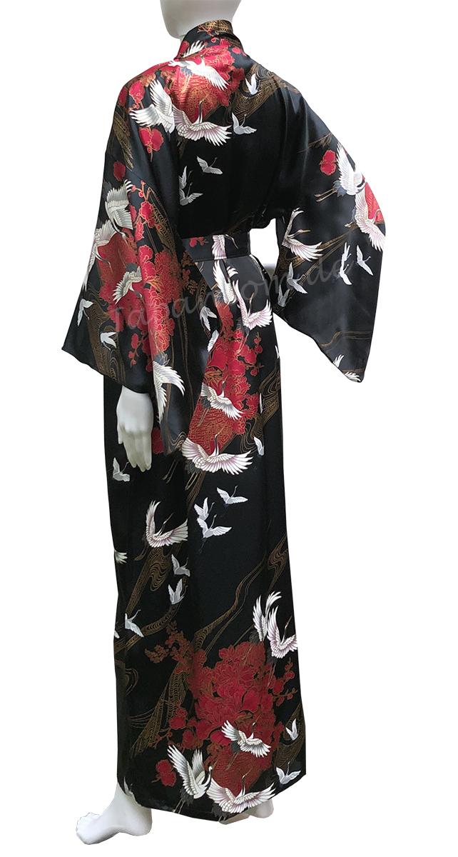 Damenkimono Tsuru (Kranich) Seide schwarz, lang