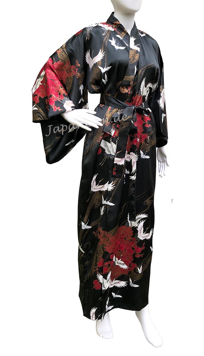 Schwarzer Tsuru-Seidenkimono mit Kranichen und Pfingstrosen