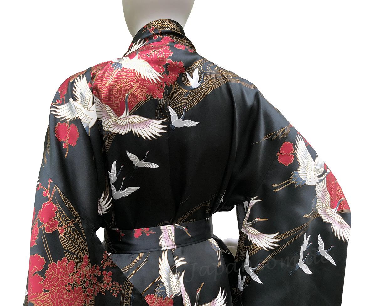 Damenkimono Tsuru (Kranich) Seide schwarz, lang