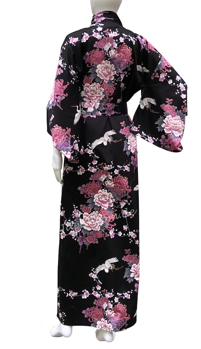 Schwarzer Damenkimono mit fliegenden Kranichen aus Baumwollsatin
