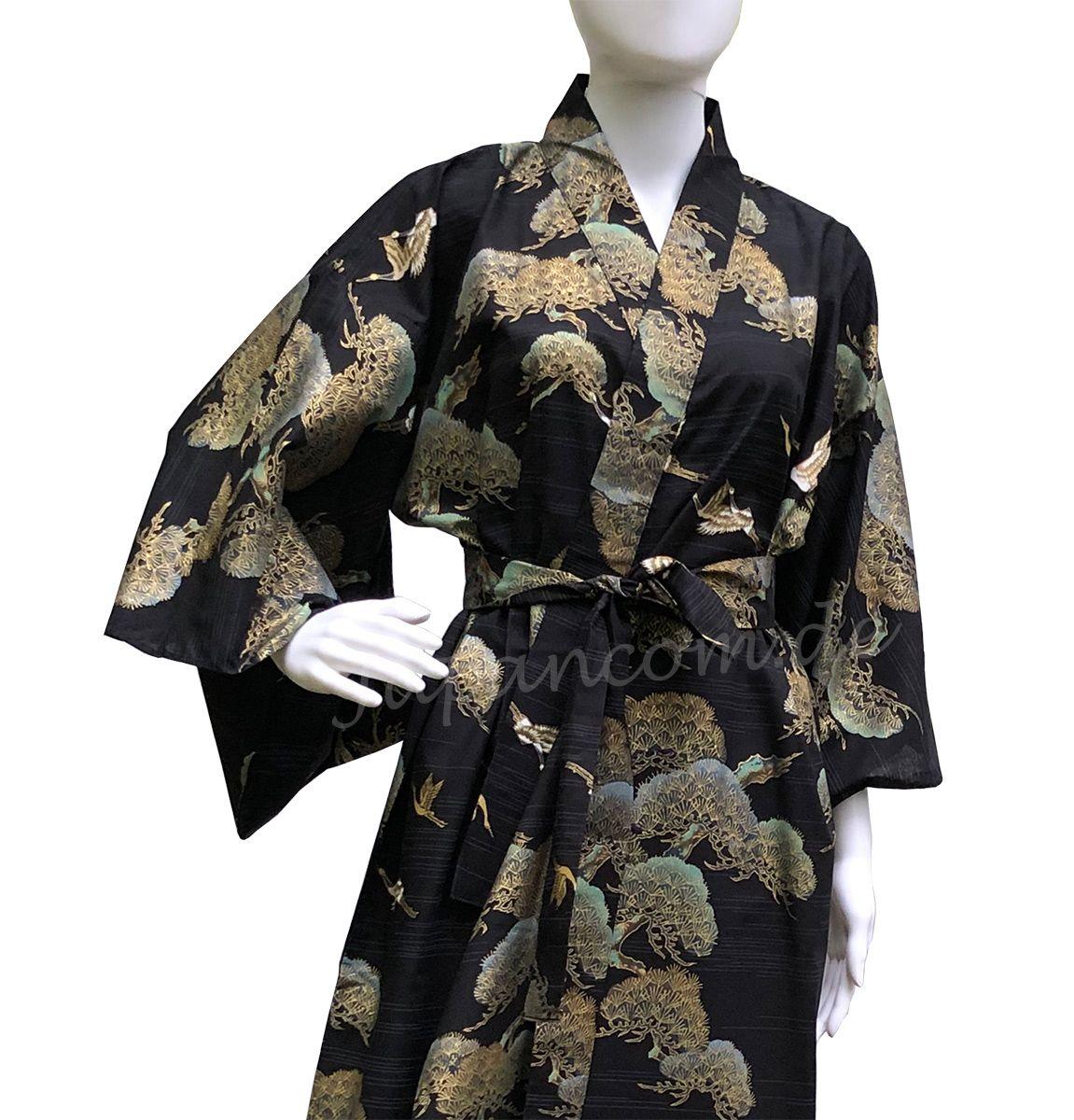 Damen Kimono Kraniche und Kiefern schwarz