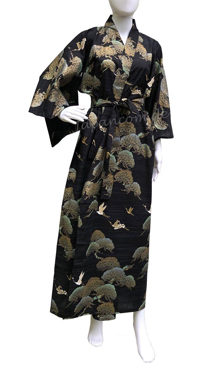 Damen Kimono Kraniche und Kiefern schwarz
