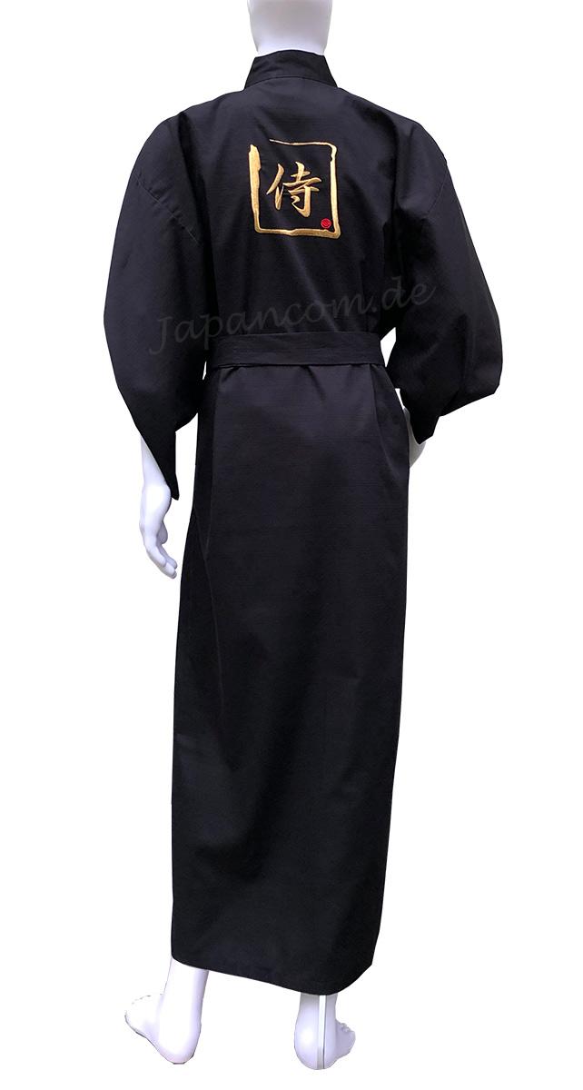 Kimono Stickerei Samurai, schwarz, Baumwolle, lang