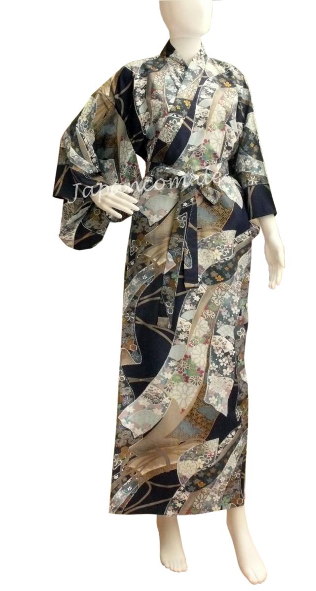 Damen Kimono aus Baumwolle in blau mit  Blumen