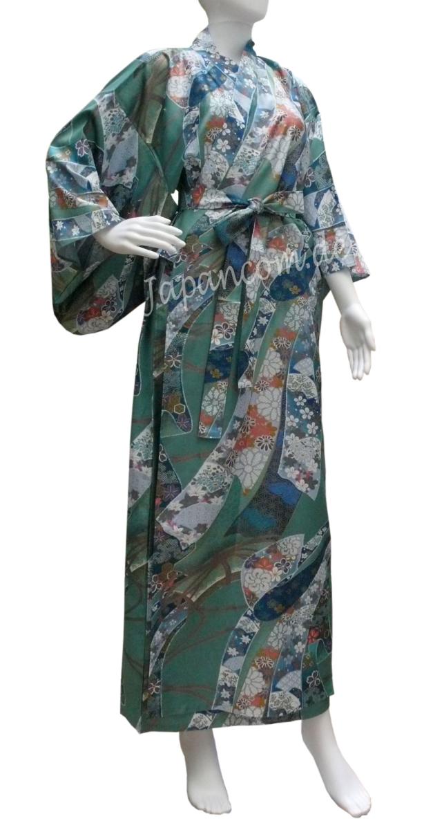 Grüner Damenkimono mit Muster aus Schleifenbändern
