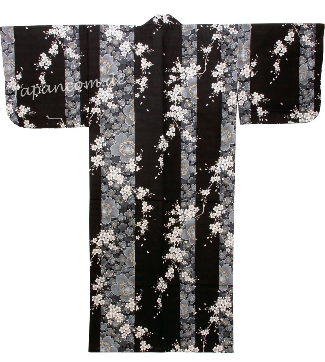 Kimono Sakura (Kirschblüte) schwarz, lang, Dame verschiedene Größen