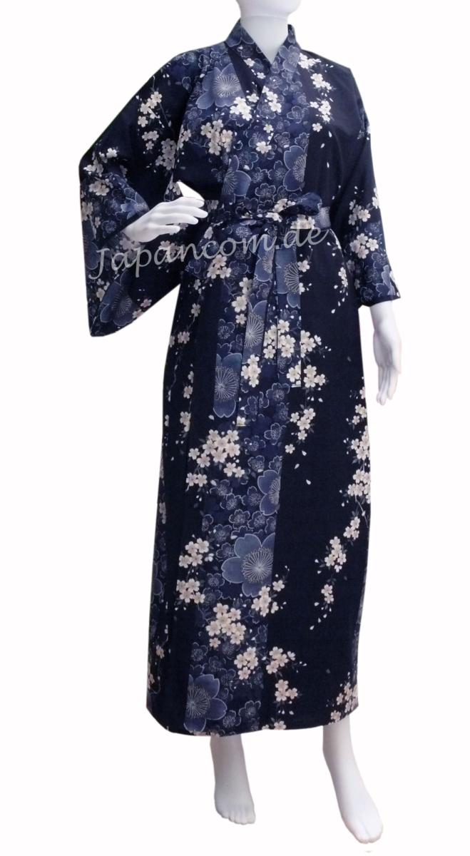 Langer blauer Damenkimono mit Kirschblüten