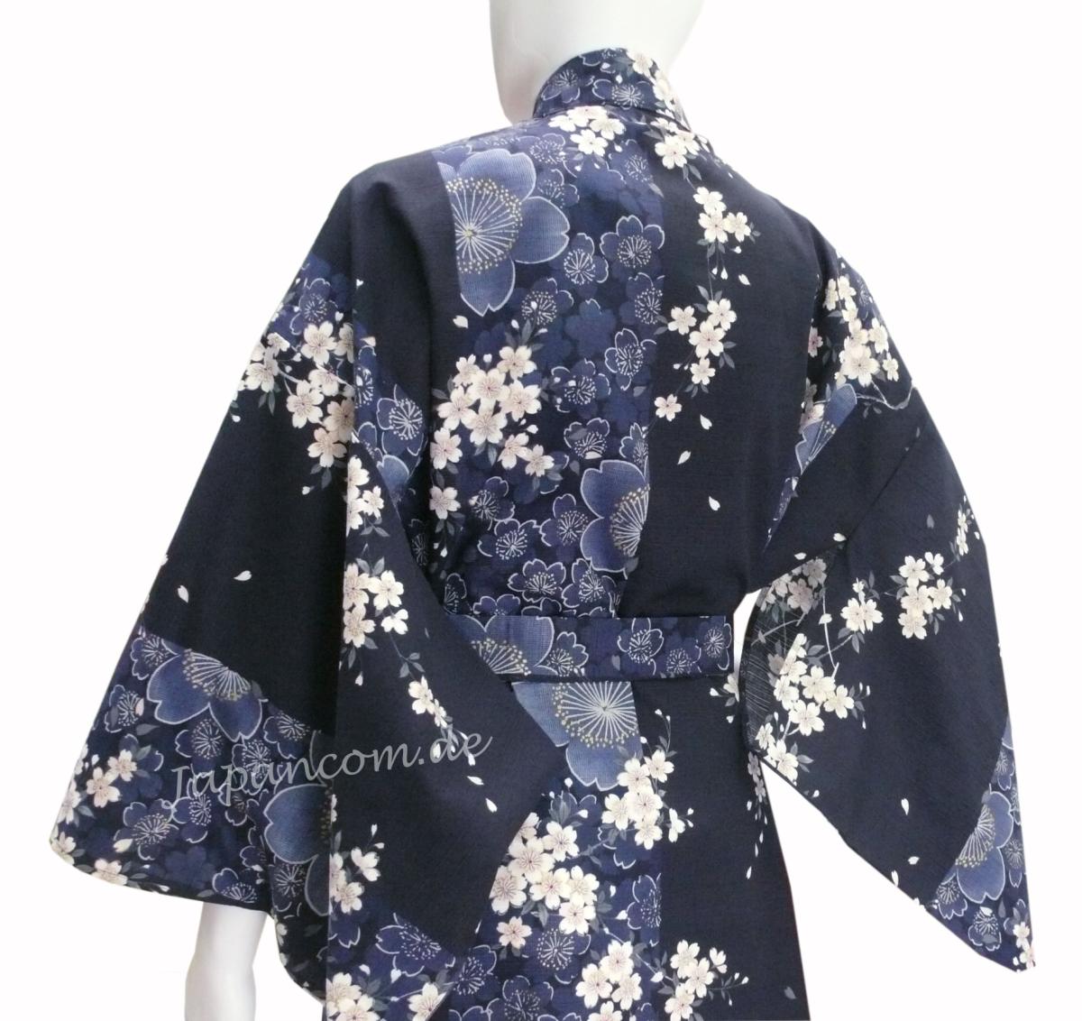 Damen Kimono Sakura Kirschblüte blau, lang