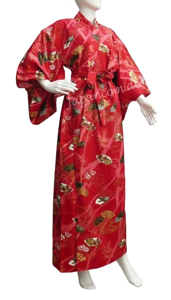Roter Damenkimono mit Bambus, Fächern und Kirschblüten