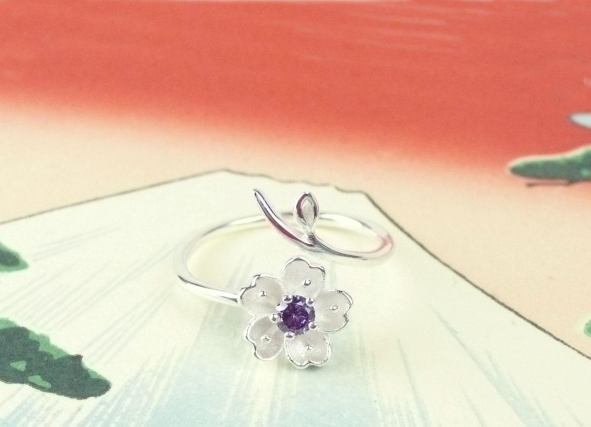 Silber Ring Kirschblüte mit lila Zirkonia