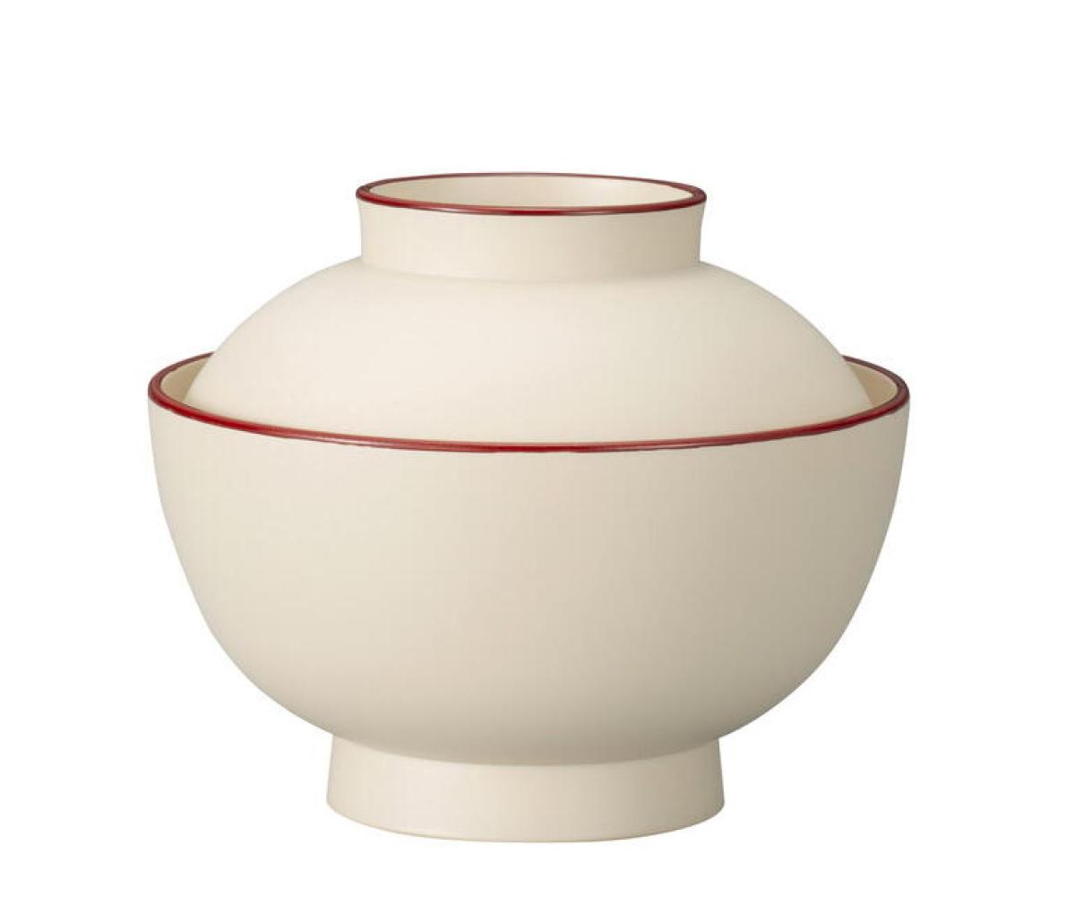 matte Deckelschale Ivory mit braunem Rand beige