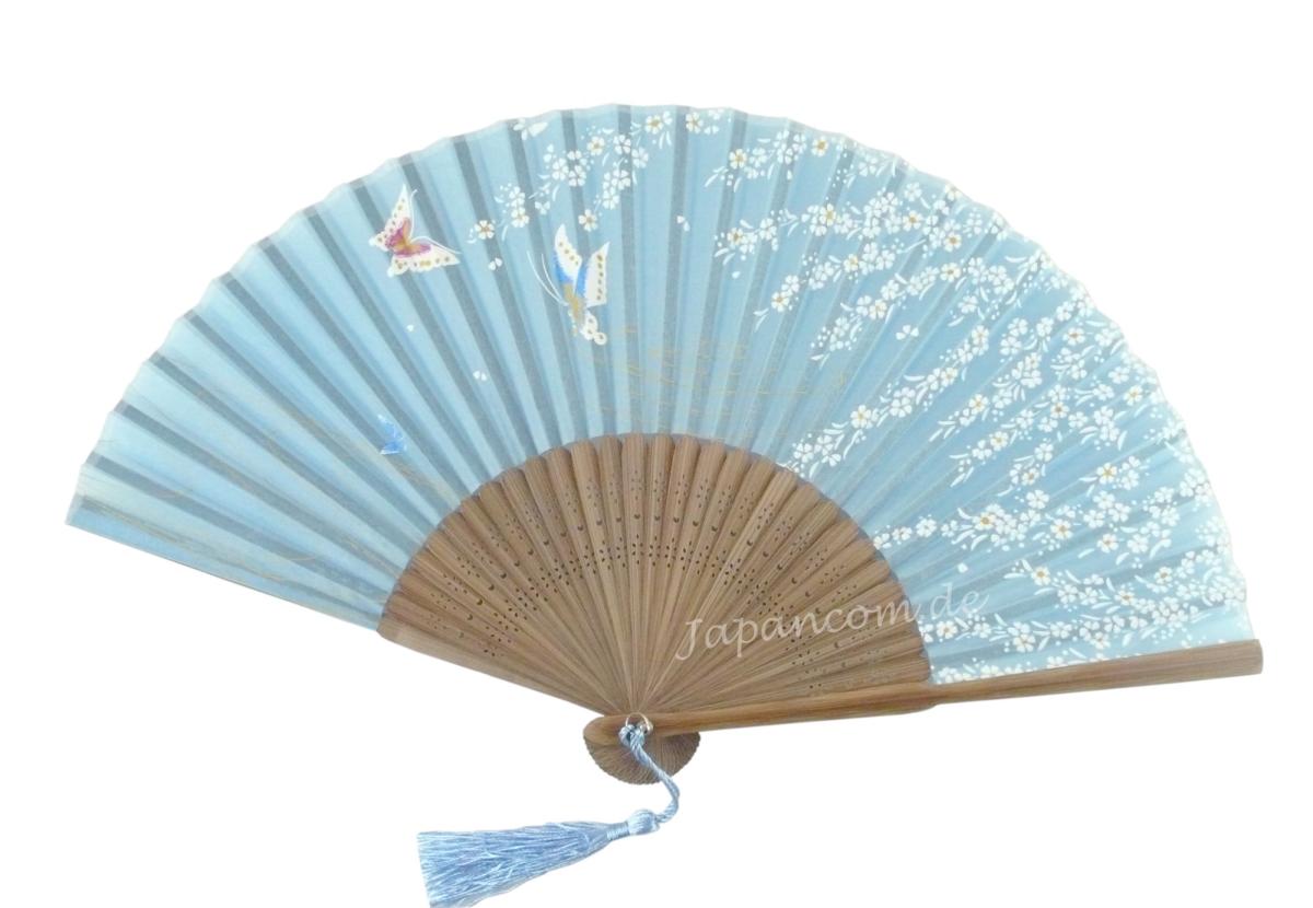 Fächer Schmetterlinge unter Kirschblüten aquamarin Seide