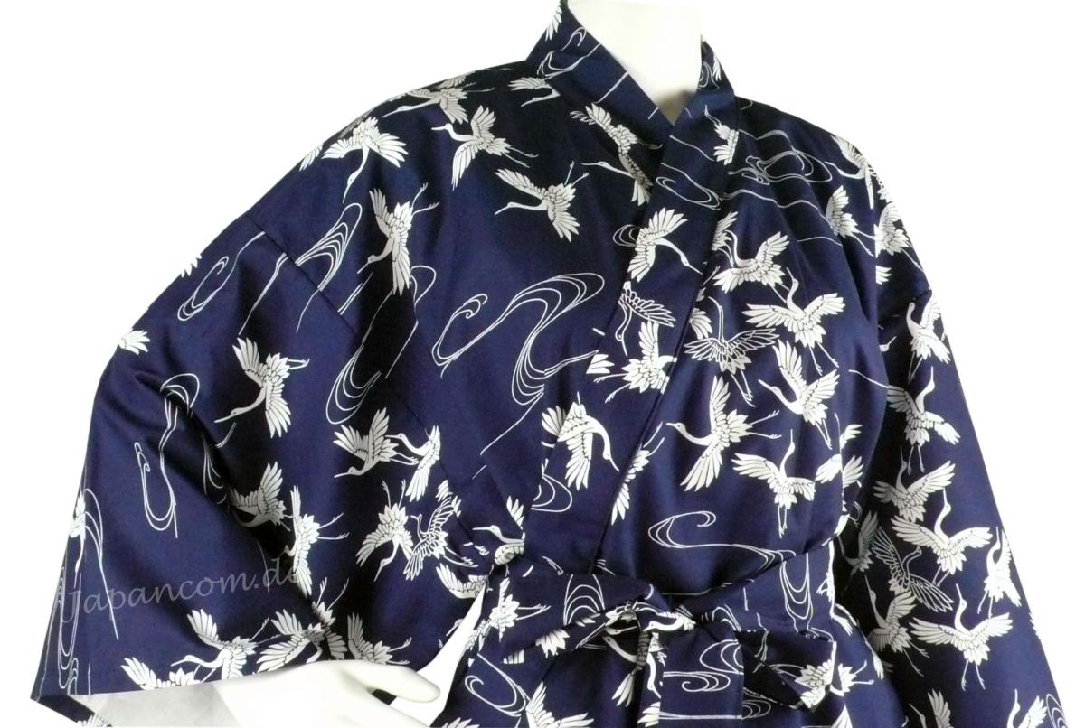 Damen Kimono Schneekraniche blau 135 cm gefüttert