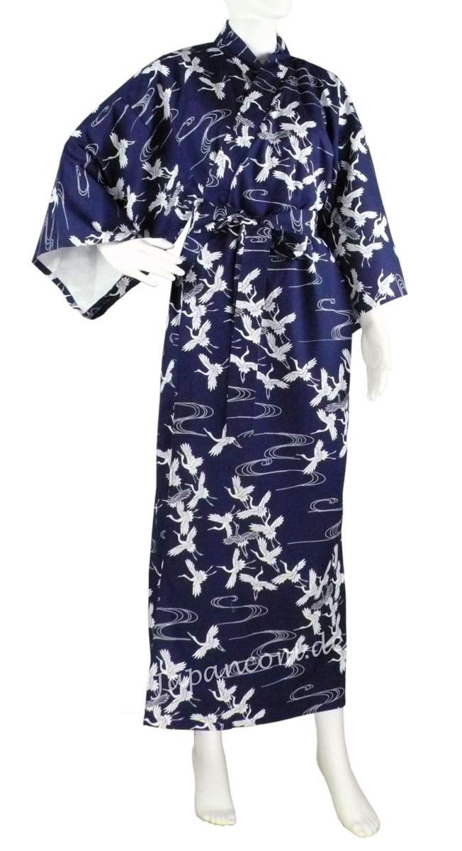Damen Kimono Schneekraniche blau 135 cm gefüttert