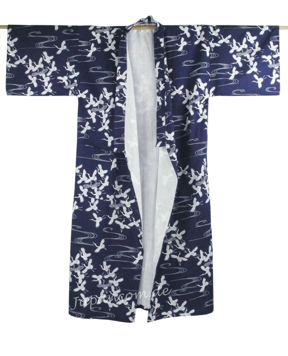 Damen Kimono Schneekraniche blau 135 cm gefüttert