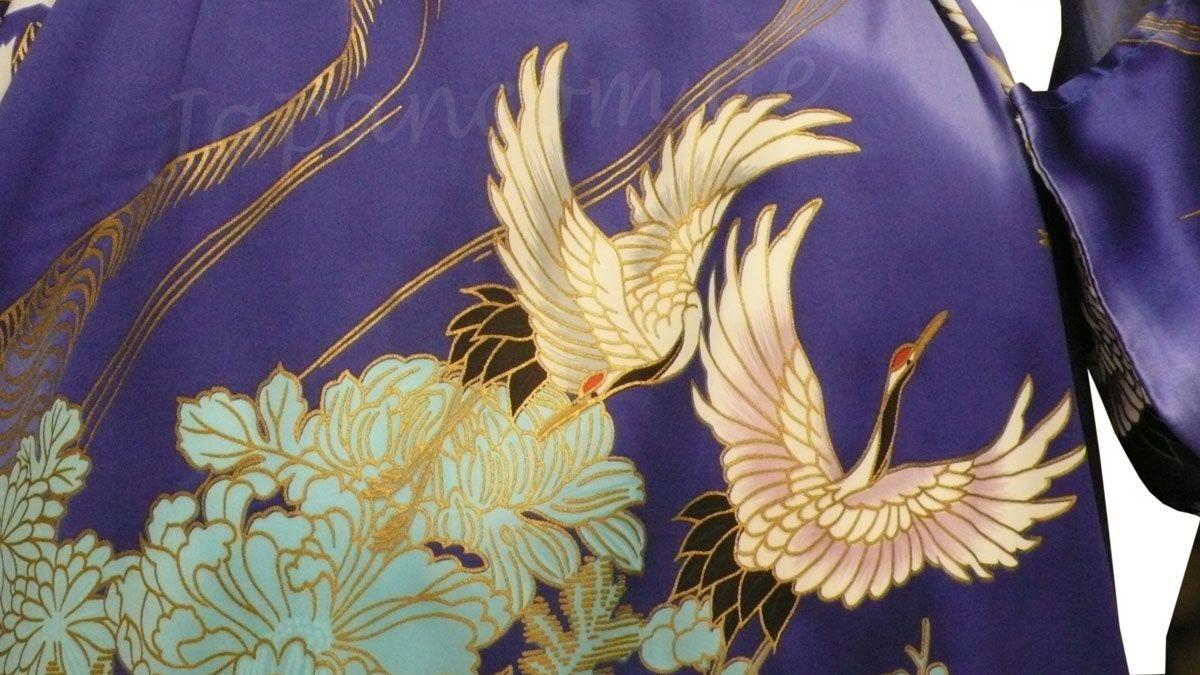 Damen Seiden Kimono Tsuru royalblau, lang