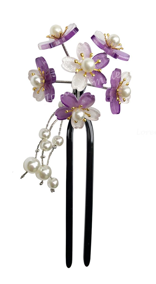 Haarnadel Sakura 6 Blüten violett U-Form
