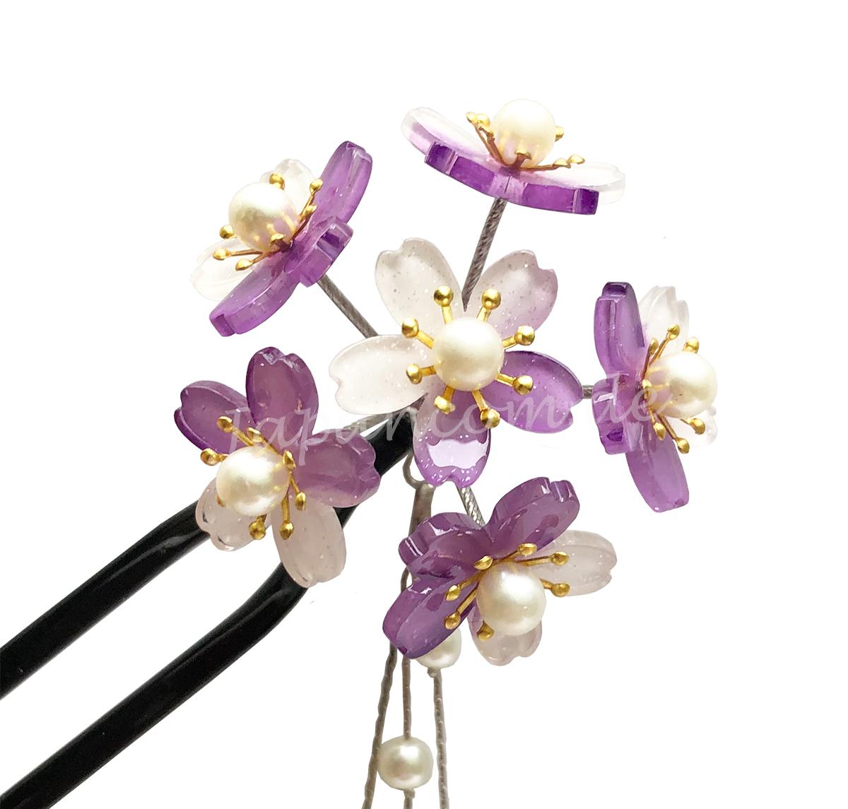 Haarnadel Sakura 6 Blüten violett U-Form