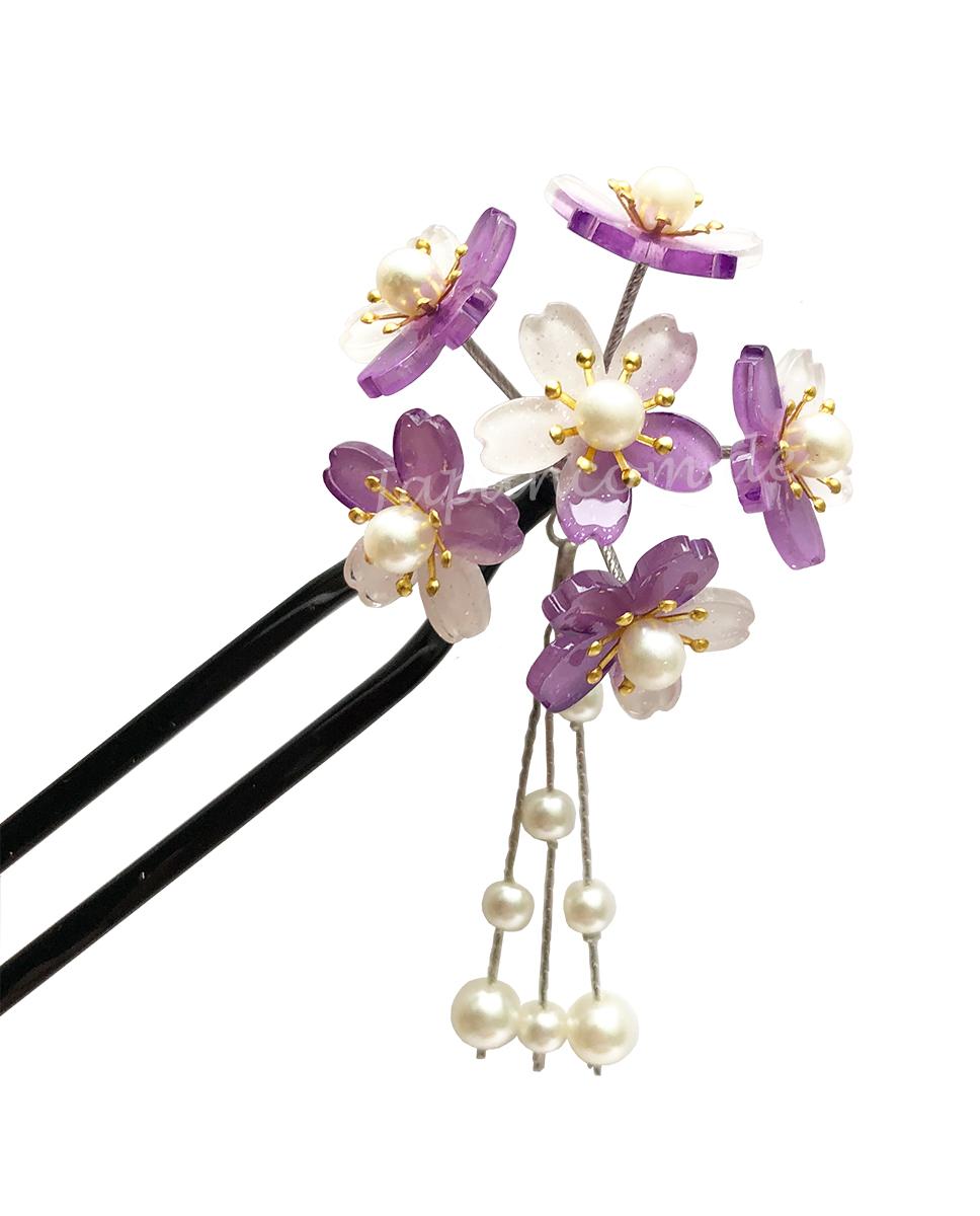 Haarnadel Sakura 6 Blüten violett U-Form