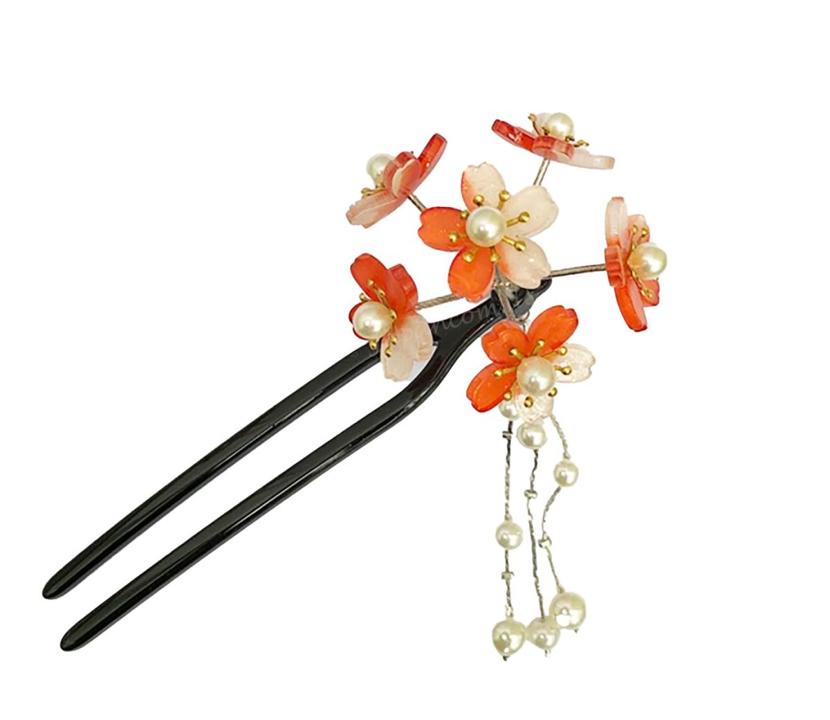 Haarnadel Sakura 6 Blüten U-Form orangerot