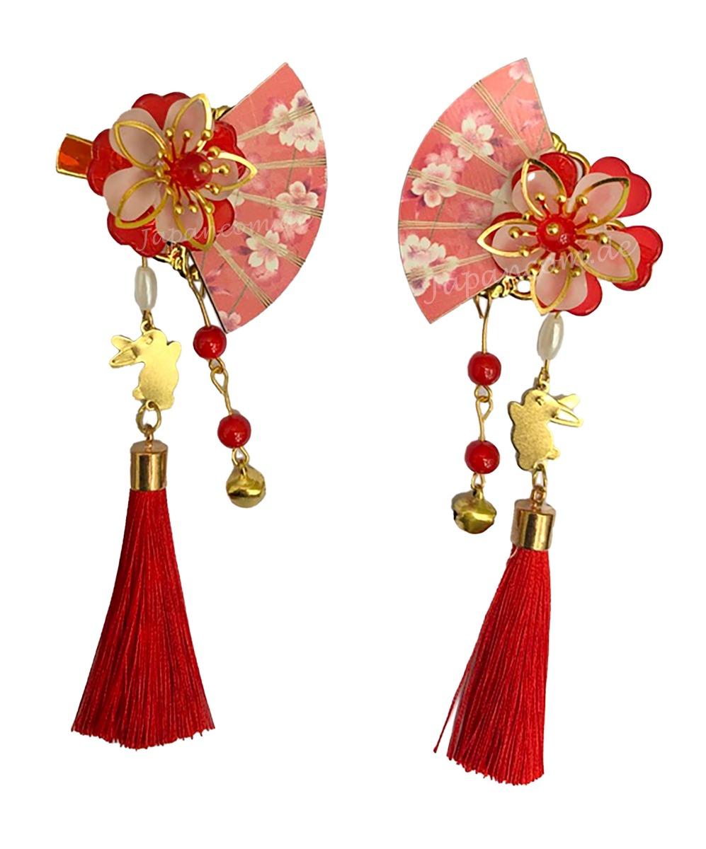 2 Haarclips Fächer Kirschblüten rot links rechts