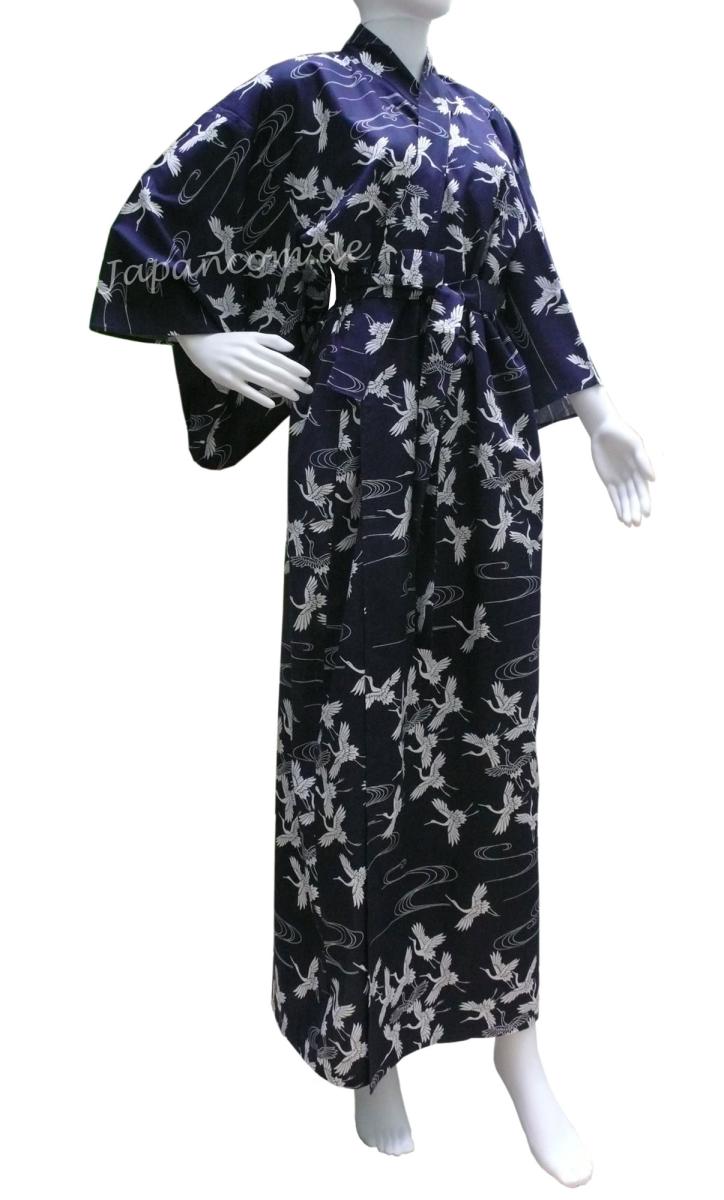 Damen Yukata Kimono Schneekraniche dunkelblau