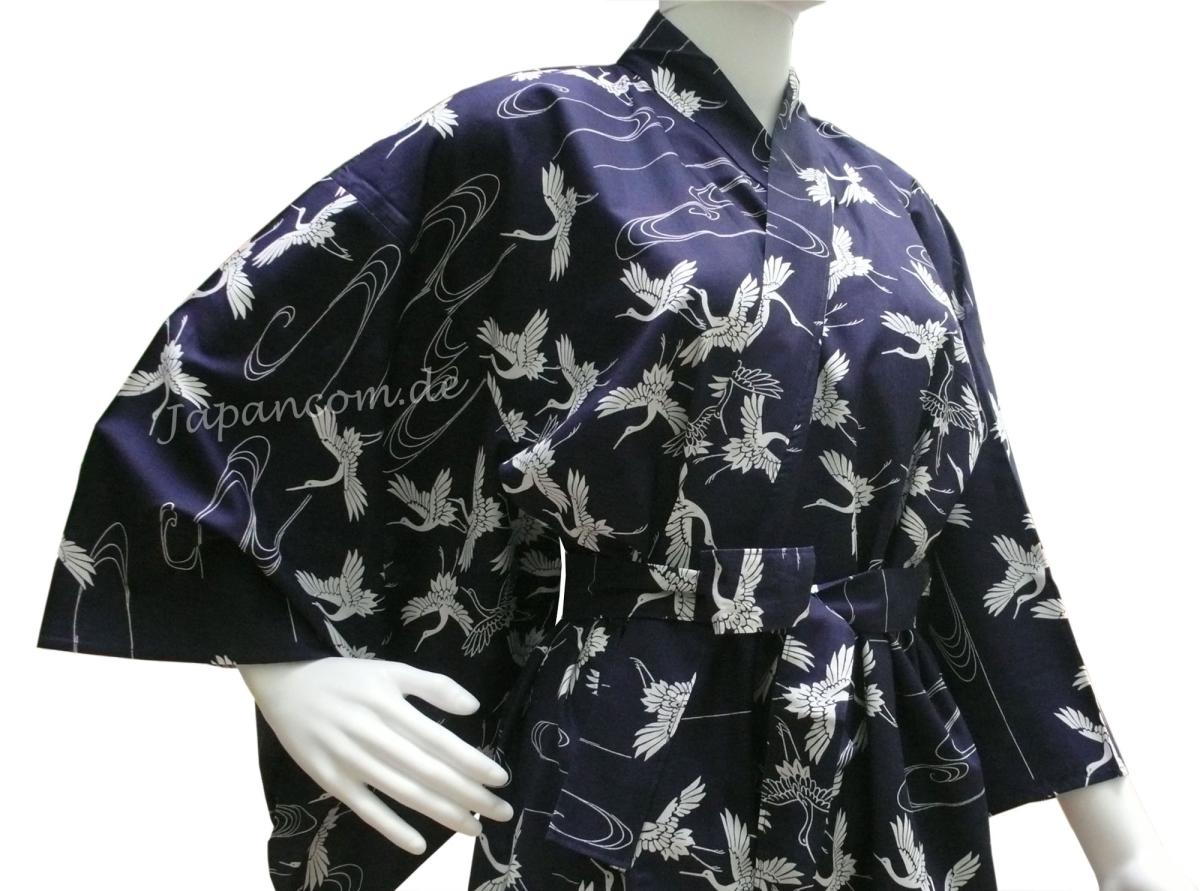 Damen Yukata Kimono Schneekraniche dunkelblau