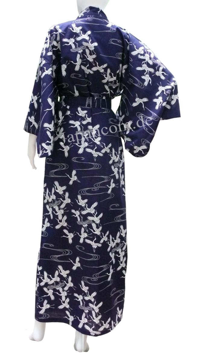 Damen Yukata Kimono Schneekraniche dunkelblau